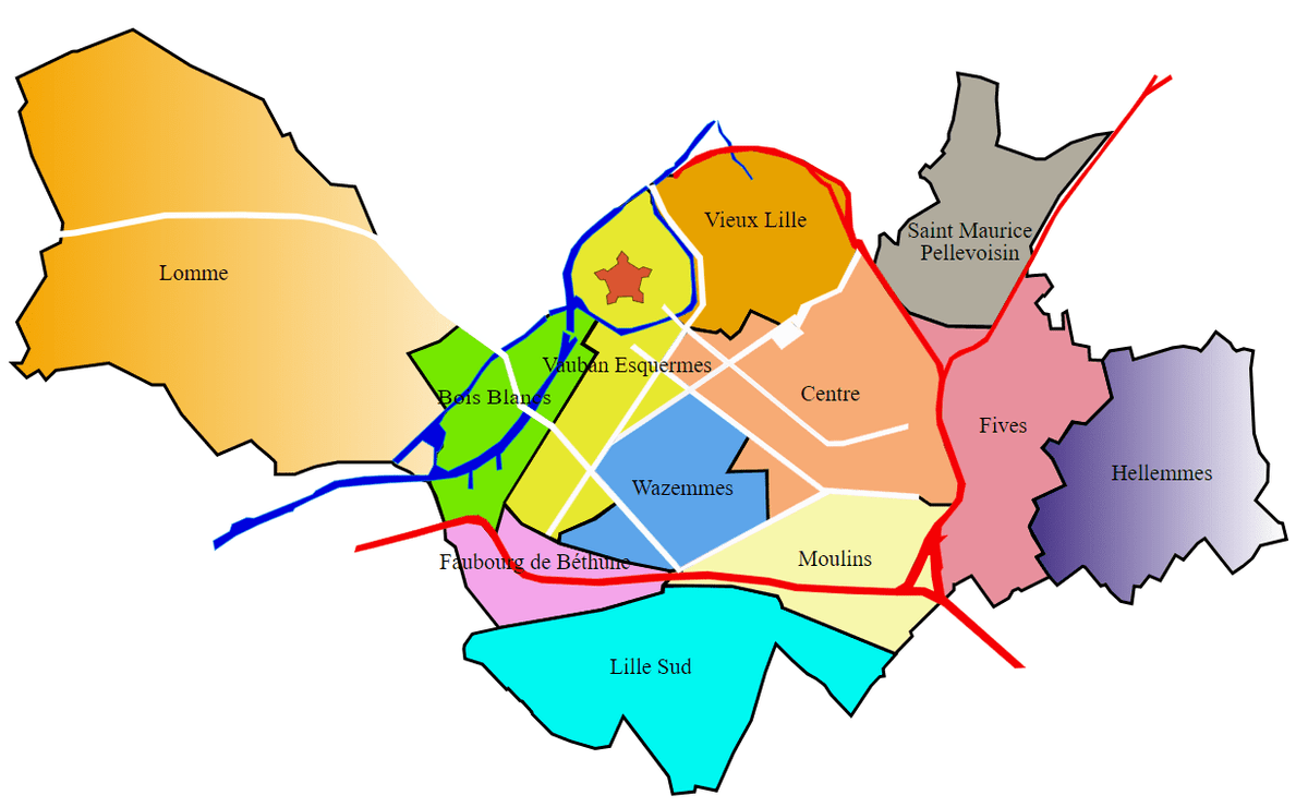 plan aérien de Lille qui montre les 12 quartiers de la ville : Vieux-Lille, Lille-Centre, Bois Blancs, Vauban Esquermes, Wazemmes, Lille-Moulins, Faubourg de Béthune, Lille-Sud, Saint-Maurice Pellevoisin, Fives, Hellemmes et Lomme plan aérien de Lille qui montre les 12 quartiers de la ville : Vieux-Lille, Lille-Centre, Bois Blancs, Vauban Esquermes, Wazemmes, Lille-Moulins, Faubourg de Béthune, Lille-Sud, Saint-Maurice Pellevoisin, Fives, Hellemmes et Lomme