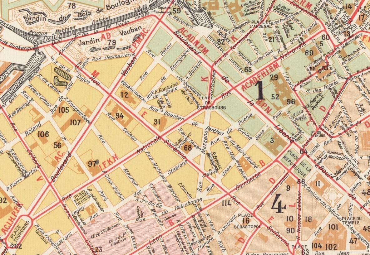 Lille rue nationale plan de 1930 montrant que la rue Nationale est desservie par un grand nombre de ligne de tramway Lille rue nationale plan de 1930 montrant que la rue Nationale est desservie par un grand nombre de ligne de tramway