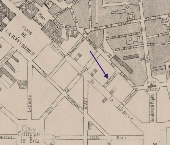 Lille la rue Watteau sur le plan de 1871 Lille la rue Watteau sur le plan de 1871