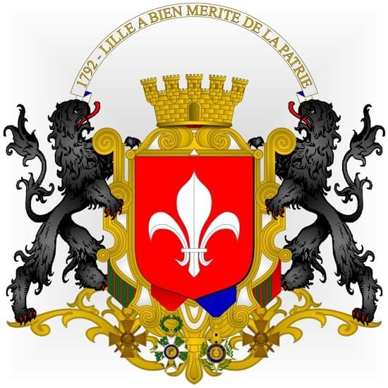 Version des armoiries de Lille faisant apparaître les quatre médailles reçues par la ville Version des armoiries de Lille faisant apparaître les quatre médailles reçues par la ville