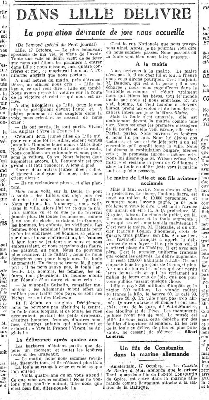 Article écrit par Albert Londres à la une de Le Petit Journal 18 octobre 1918 Article écrit par Albert Londres à la une de Le Petit Journal 18 octobre 1918