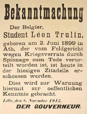 lille annonce officielle de l'exécution de Léon Trulin texte en allemand lille annonce officielle de l'exécution de Léon Trulin texte en allemand