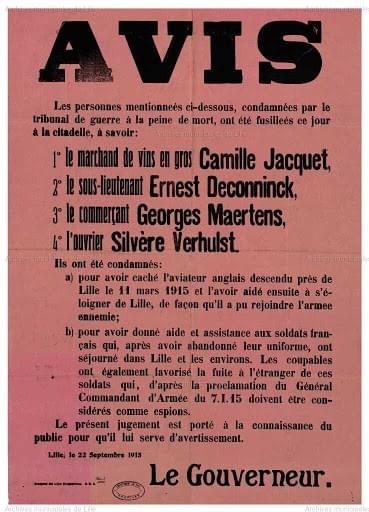 lille avis d'execution du comité jacquet le 22 septembre 1915 à la population (image ci-dessous) est diffusé dans toute la ville pour servir d'avertissement aux Lillois. lille avis d'execution du comité jacquet le 22 septembre 1915 à la population (image ci-dessous) est diffusé dans toute la ville pour servir d'avertissement aux Lillois.