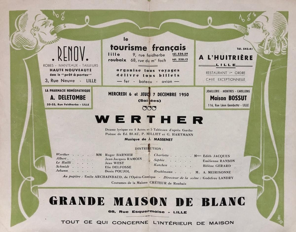 détail de la séance de l'opéra de lille du 6 et 7 décembre 1950 qui joue Werther de Goethe détail de la séance de l'opéra de lille du 6 et 7 décembre 1950 qui joue Werther de Goethe