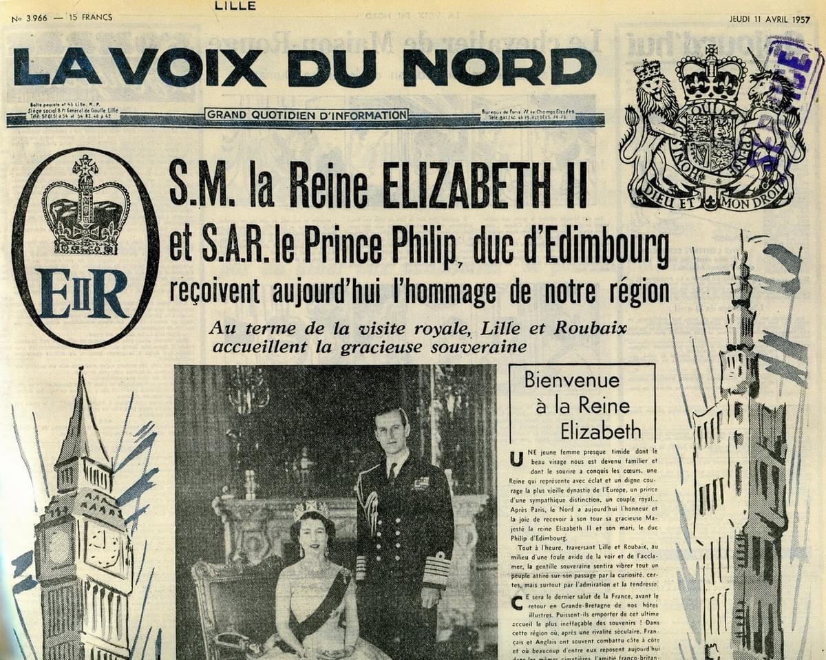 La visite de la reine Elizabeth II et du prince Philip fait la une de La Voix du Nord le 11 avril 1957. La visite de la reine Elizabeth II et du prince Philip fait la une de La Voix du Nord le 11 avril 1957.