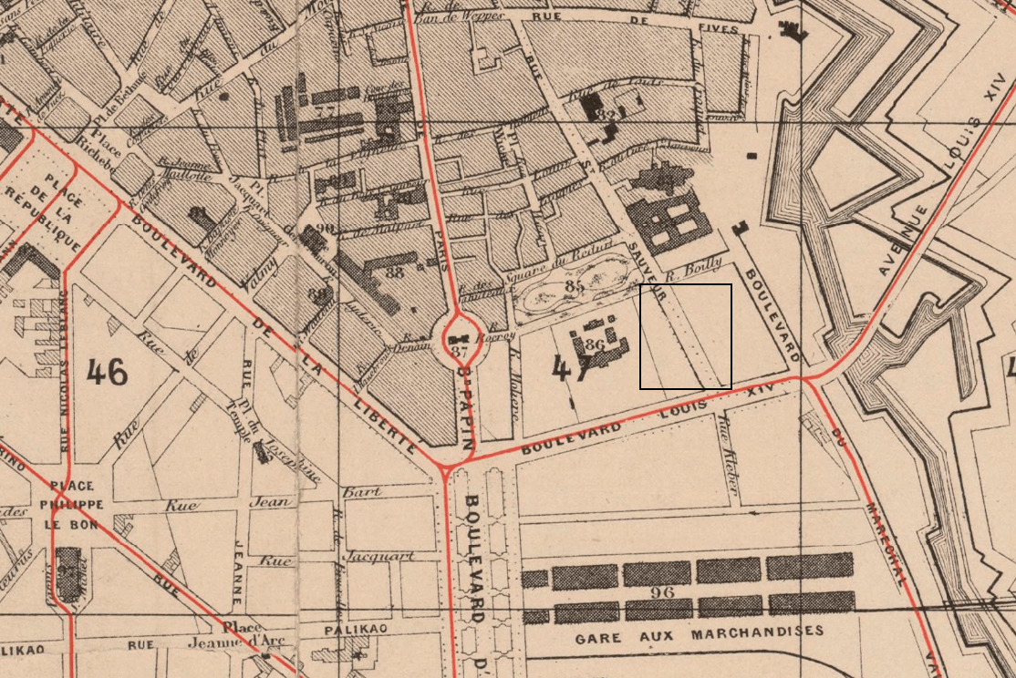 Lille rue Frédéric Mottez : En 1876, la rue figure bien sur les plans de la ville... mais sous le nom de rue Saint Sauveur Lille rue Frédéric Mottez : En 1876, la rue figure bien sur les plans de la ville... mais sous le nom de rue Saint Sauveur