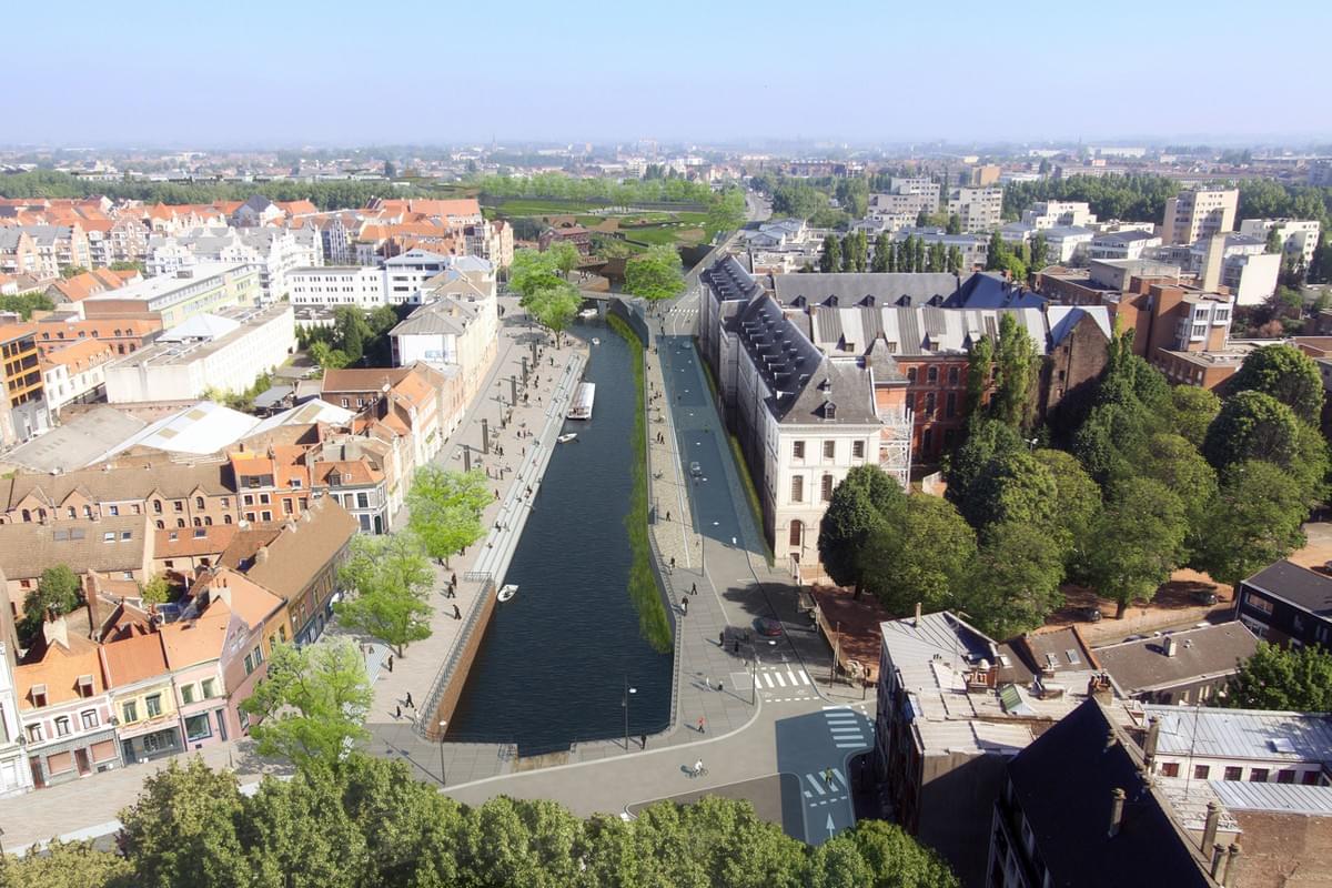 Lille : Projet de remise en eau du canal de la Basse Deûle le long de l'avenue du peuple belge. A droite : l'IAE (ex Hospice Général) Lille : Projet de remise en eau du canal de la Basse Deûle le long de l'avenue du peuple belge. A droite : l'IAE (ex Hospice Général)