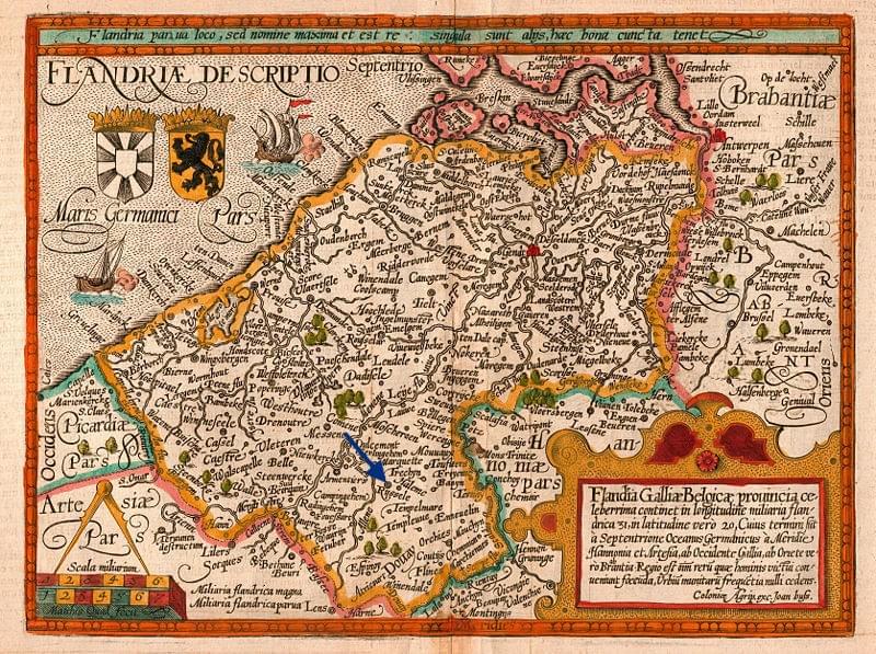 Lille Carte de 1607 du Comté de Flandre par Matthias Quad et Johannes Bussemacher le nom Lille (flèche bleue) est écrit en flamand de l'époque : Rysselle Lille Carte de 1607 du Comté de Flandre par Matthias Quad et Johannes Bussemacher le nom Lille (flèche bleue) est écrit en flamand de l'époque : Rysselle
