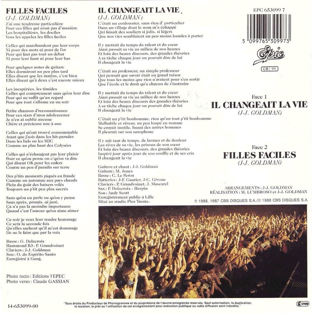 jean-jacques goldman lille edhec verso du 45 tours il changeait la vie enregistré en live en 1988 à Lille jean-jacques goldman lille edhec verso du 45 tours il changeait la vie enregistré en live en 1988 à Lille