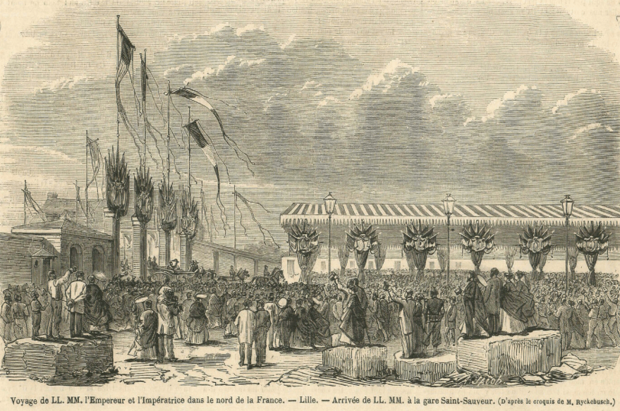 1867 : le 26 aout, l'empereur Napoléon III et l'impératrice Eugénie arrivent en train à Lille par la gare Saint-Sauveur pour une visite officielle de quelques jours. Cette visite fera la une de l'hebdomadaire Le Monde Illustré au travers d'une gravure d'une demi-page. numéro 542 du 31 aout 1967 1867 : le 26 aout, l'empereur Napoléon III et l'impératrice Eugénie arrivent en train à Lille par la gare Saint-Sauveur pour une visite officielle de quelques jours. Cette visite fera la une de l'hebdomadaire Le Monde Illustré au travers d'une gravure d'une demi-page. numéro 542 du 31 aout 1967