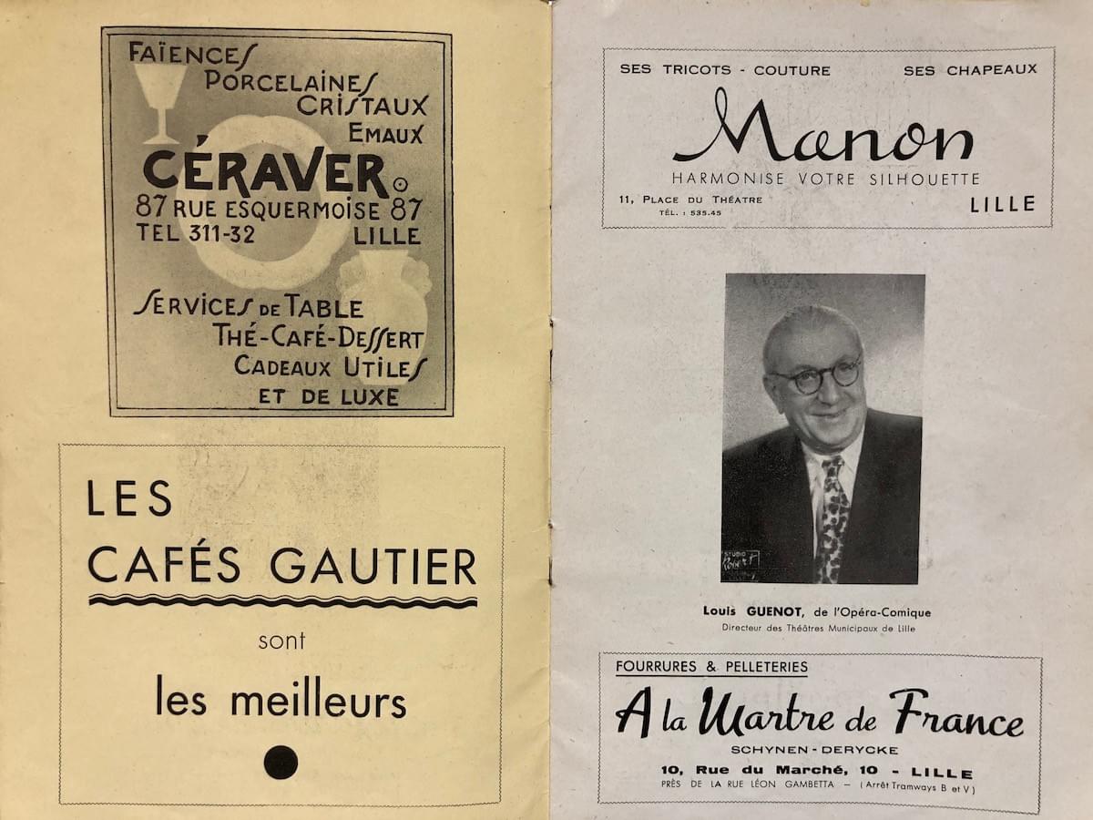 pages intérieures du programme de l'opéra de Lille pour la saison 1950 1951 avec cafés gautier ceraver manon pages intérieures du programme de l'opéra de Lille pour la saison 1950 1951 avec cafés gautier ceraver manon