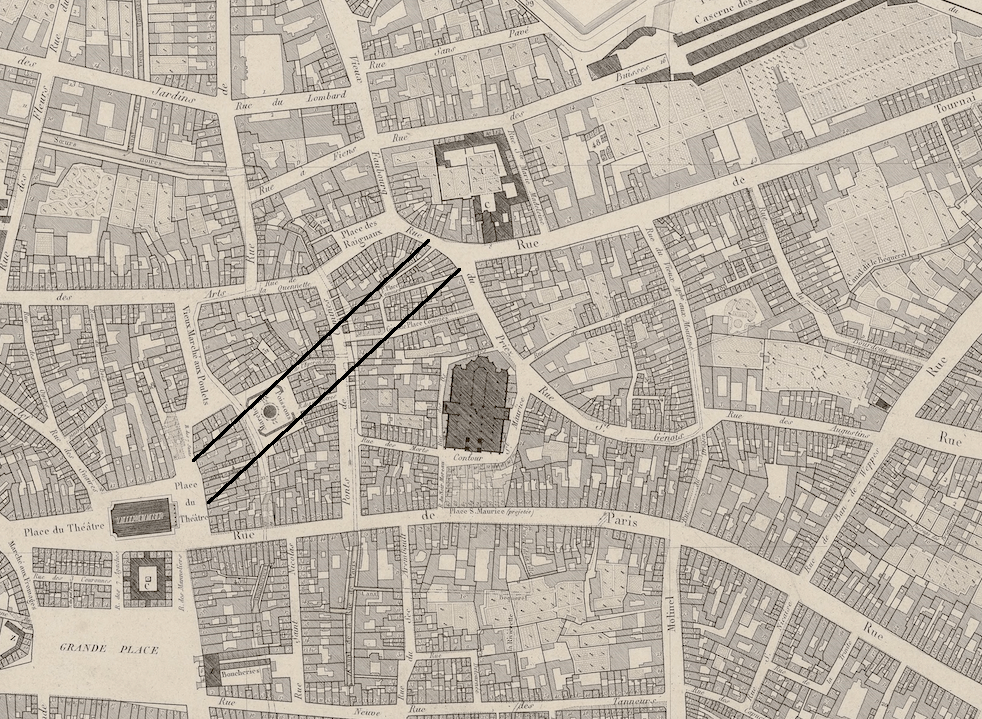 Plan de Lille de 1820 montrant tout ce qu'il a fallu détruire pour construire la rue Faidherbe (traits noirs) afin de relier l'emplacement de la future gare (rue de Tournai) à la place du Théâtre. Plan de Lille de 1820 montrant tout ce qu'il a fallu détruire pour construire la rue Faidherbe (traits noirs) afin de relier l'emplacement de la future gare (rue de Tournai) à la place du Théâtre.