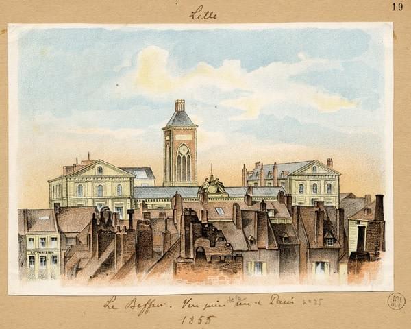 dessin gravure de 1855 représentant l'ancien beffroi de Lille situé au Palais Rihour qui faisait office d’hôtel de ville. Construit en 1826, il fut démoli en 1857 dessin gravure de 1855 représentant l'ancien beffroi de Lille situé au Palais Rihour qui faisait office d’hôtel de ville. Construit en 1826, il fut démoli en 1857