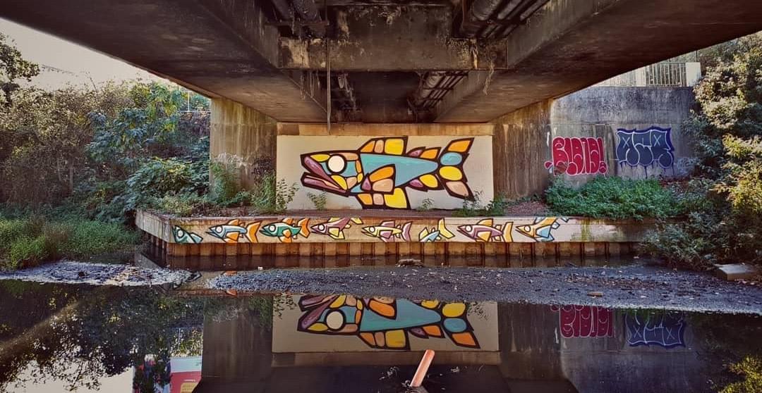 photo d'un graffiti de poisson à Lille. Le cliché de f.capture est prise sous un pont au bord de l'eau. Le poisson se reflète dans l'eau. photo d'un graffiti de poisson à Lille. Le cliché de f.capture est prise sous un pont au bord de l'eau. Le poisson se reflète dans l'eau.