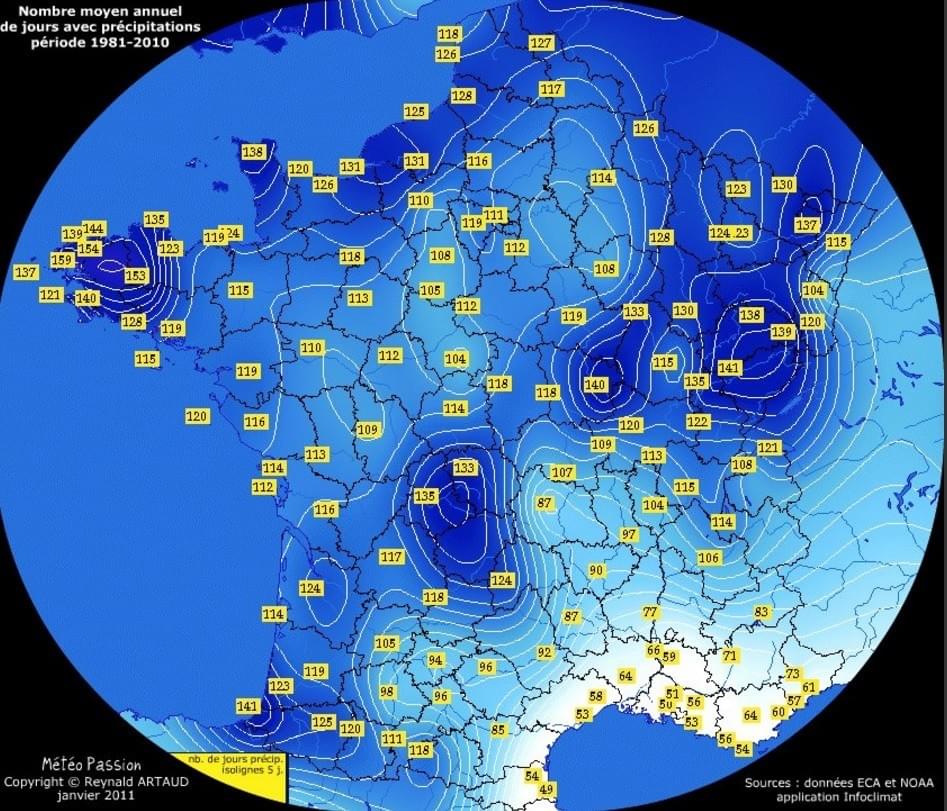 carte de france représentant le nombre moyen de jours avec précipitations en France par an pour la période 1981-2010. Cette carte vient du site météo passion. carte de france représentant le nombre moyen de jours avec précipitations en France par an pour la période 1981-2010. Cette carte vient du site météo passion.