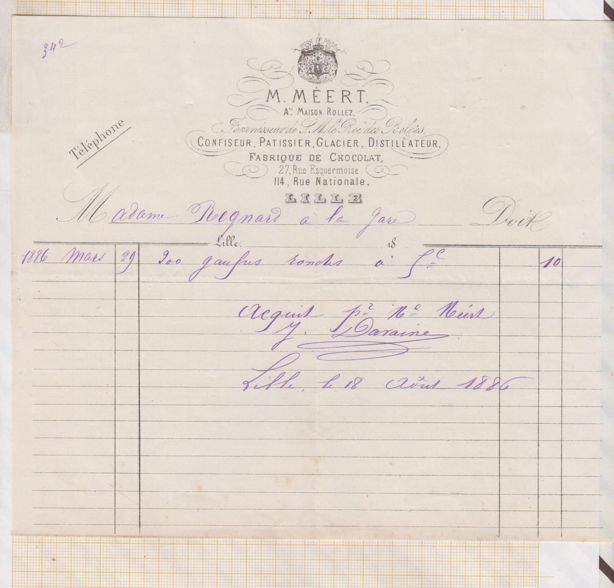 Lille Meert : Les célèbres gaufres sur une facture datant de 1886 Lille Meert : Les célèbres gaufres sur une facture datant de 1886