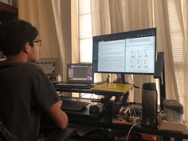 Karthik puts together his research paper and runs data analysis at his workspace. Karthik used the MRBase to obtain genetic information, a source he was turned on to by his Horizon Labs academic research program mentor for his high school research project. Photo Courtesy of Karthik Mittal. Karthik puts together his research paper and runs data analysis at his workspace. Karthik used the MRBase to obtain genetic information, a source he was turned on to by his Horizon Labs academic research program mentor for his high school research project. Photo Courtesy of Karthik Mittal.
