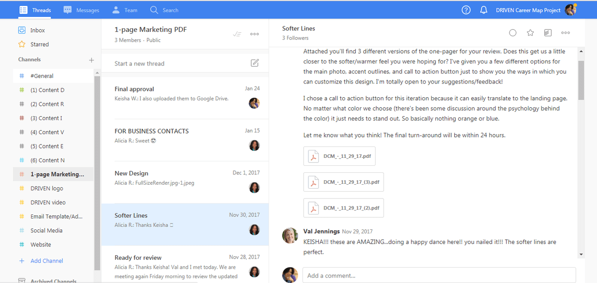 Threads keep conversations organized within each channel. Threads keep conversations organized within each channel.