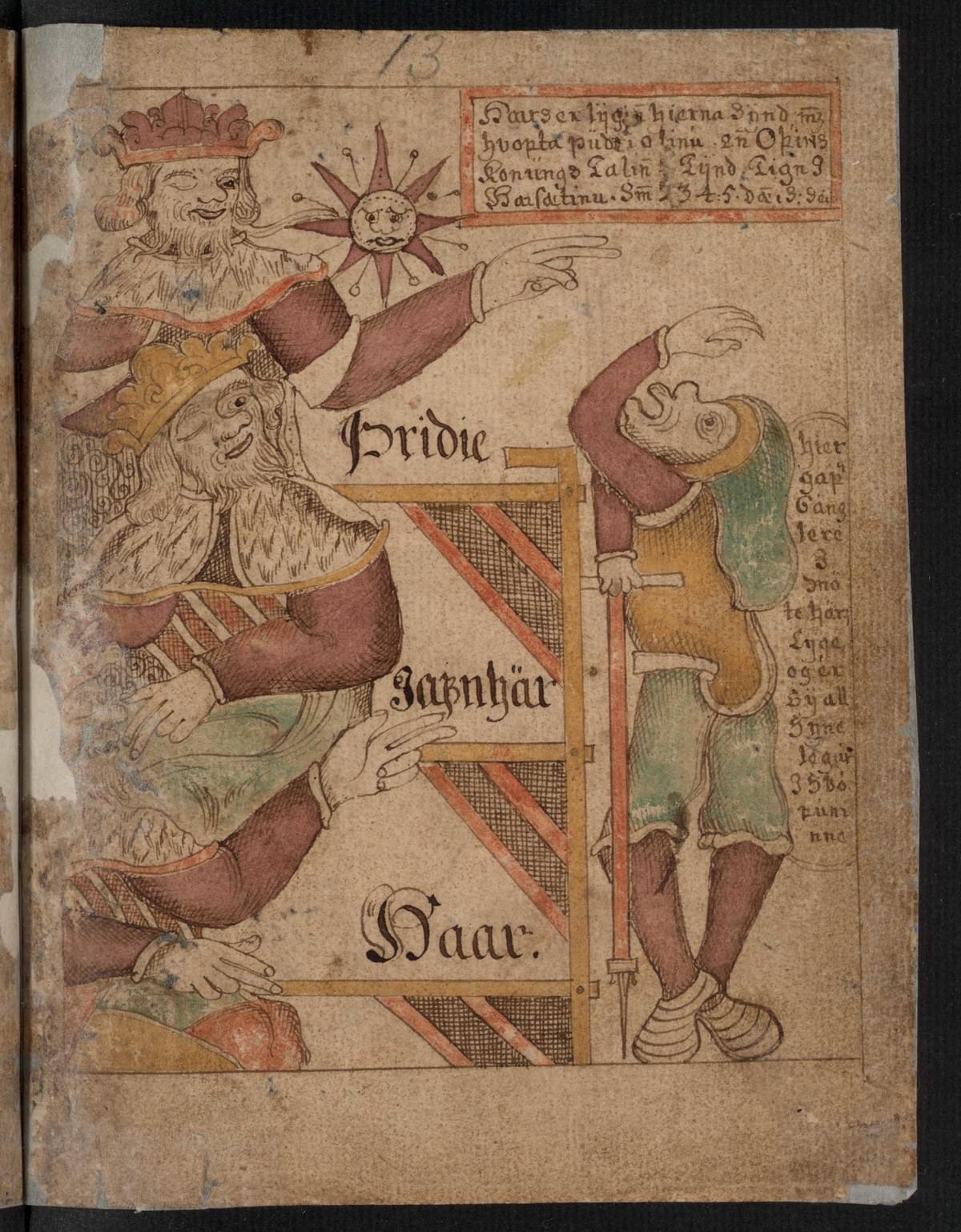 High, Just-as-High, and Third holding forth to Gangleri on a page from the so-called Melsteðs Edda (SÁM 66). Photo credit: Jóhanna Ólafsdóttir (handrit.is). High, Just-as-High, and Third holding forth to Gangleri on a page from the so-called Melsteðs Edda (SÁM 66). Photo credit: Jóhanna Ólafsdóttir (handrit.is).