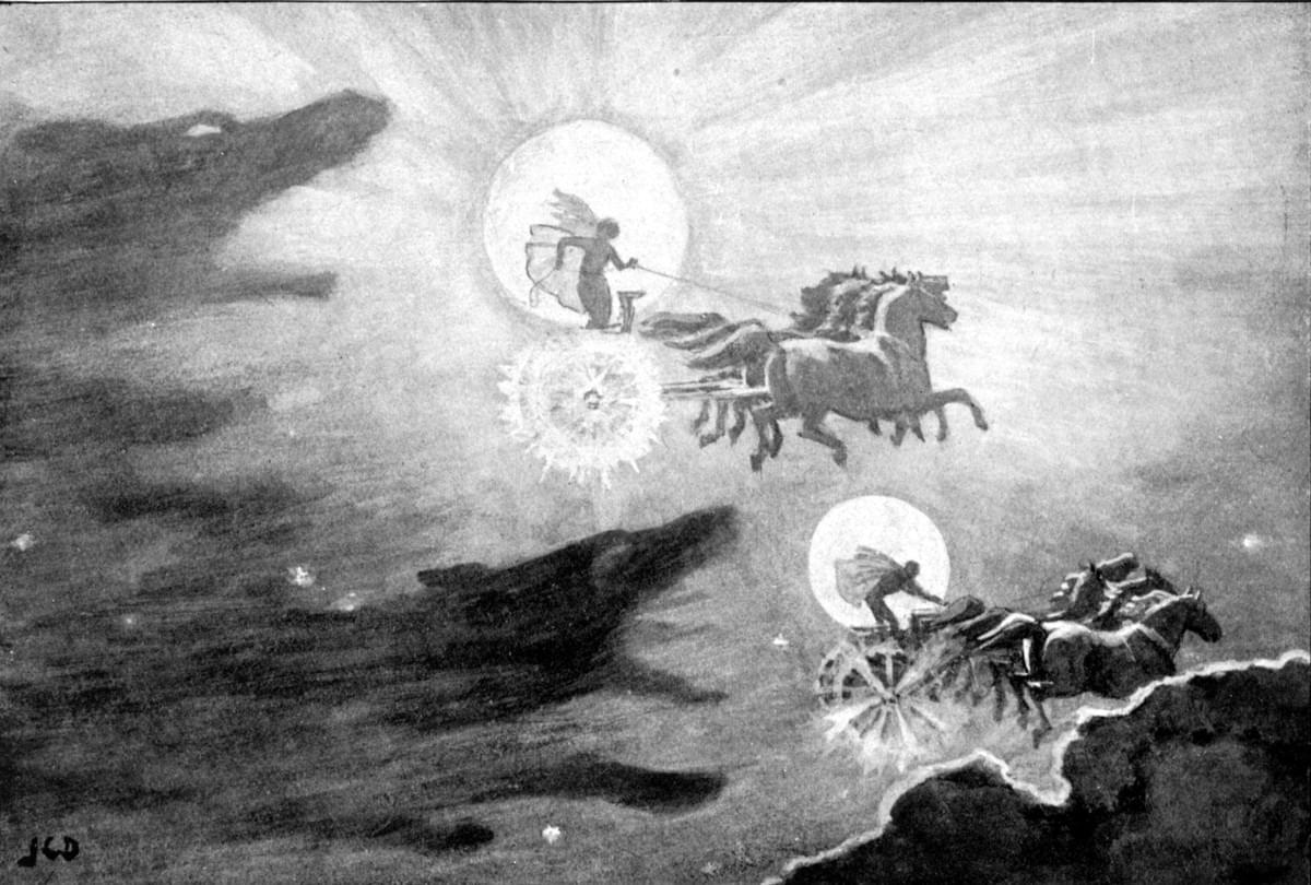“The Wolves Pursuing Sol and Mani” by J.C. Dollman (1909). “The Wolves Pursuing Sol and Mani” by J.C. Dollman (1909).