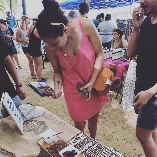 sampling fine Fiji chocolate at Vuda Beach Market sampling fine Fiji chocolate at Vuda Beach Market