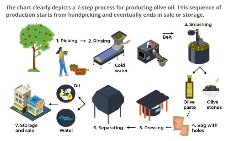 The chart clearly depicts a 7-step process for producing olive oil. This sequence of production starts from handpicking and eventually ends in sale or storage. The chart clearly depicts a 7-step process for producing olive oil. This sequence of production starts from handpicking and eventually ends in sale or storage.