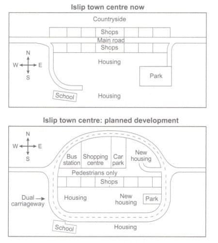 The maps below show the centre of a small town called Islip as it is now, and plans for its development. The maps below show the centre of a small town called Islip as it is now, and plans for its development.