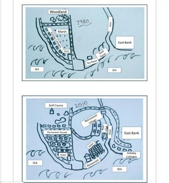 The diagrams below show the coastal village of Seaville in 1980 and 2010. The diagrams below show the coastal village of Seaville in 1980 and 2010.