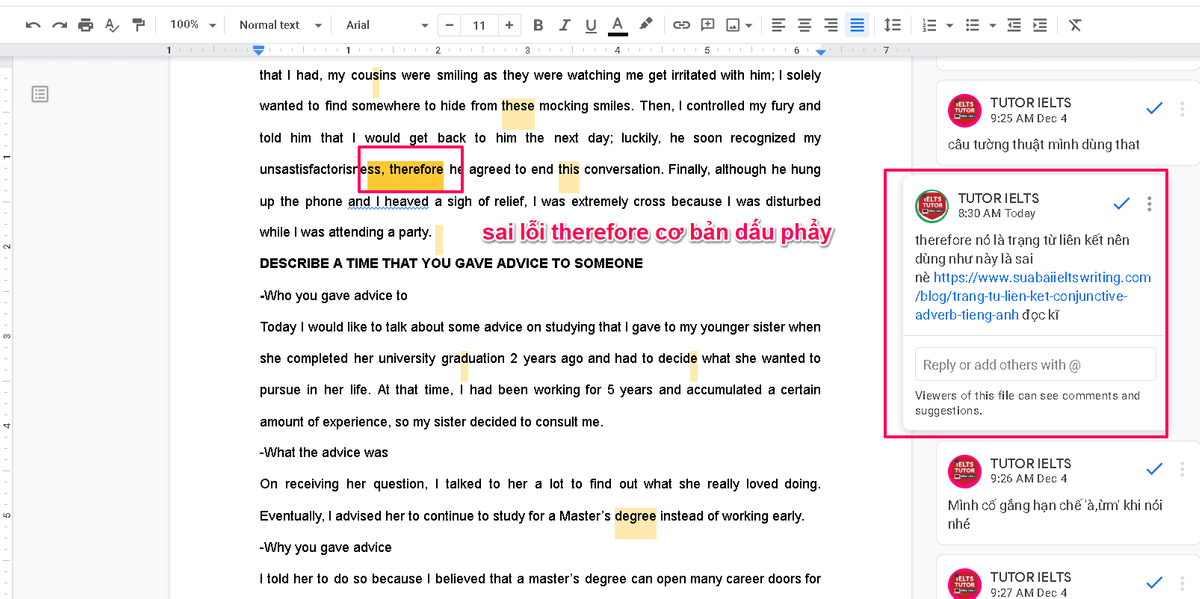 Xét ví dụ với therefore từ lỗi sai của HS IELTS TUTOR Xét ví dụ với therefore từ lỗi sai của HS IELTS TUTOR