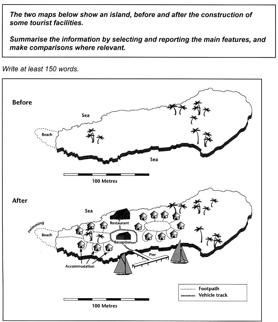 The two maps below show an island, before and after the construction of some tourist facilities. Summarise the information by selecting and reporting the main features, and make comparisons where relevant. » Write at least 150 words. The two maps below show an island, before and after the construction of some tourist facilities. Summarise the information by selecting and reporting the main features, and make comparisons where relevant. » Write at least 150 words.