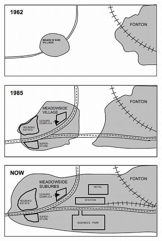 The maps show changes in the village of Meadowside and the town of Fonton from 1962 to now. The maps show changes in the village of Meadowside and the town of Fonton from 1962 to now.