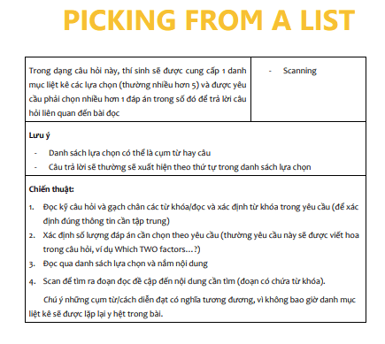 HƯỚNG DẪN TỪ A ĐẾN Z CÁCH LÀM DẠNG PICKING FROM A LIST TRONG IELTS READING HƯỚNG DẪN TỪ A ĐẾN Z CÁCH LÀM DẠNG PICKING FROM A LIST TRONG IELTS READING