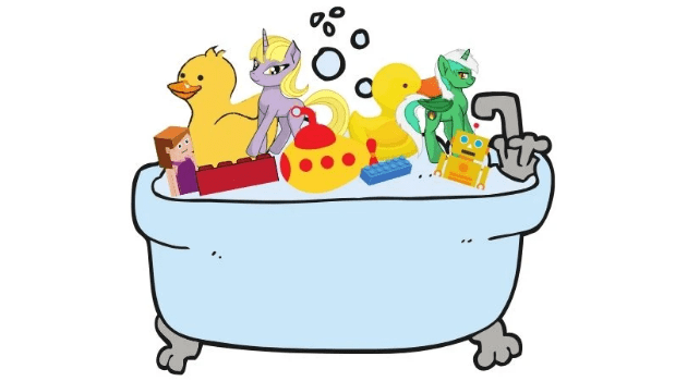 My Little Pony, rubber duckie, lego, duplo and other toys in the bath My Little Pony, rubber duckie, lego, duplo and other toys in the bath