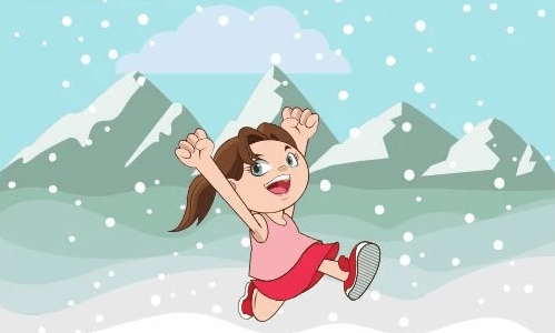 A little girl runs around in the snow in a t-shirt A little girl runs around in the snow in a t-shirt