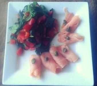 A low kilojoule fasting meal of smoke salmon and salad A low kilojoule fasting meal of smoke salmon and salad