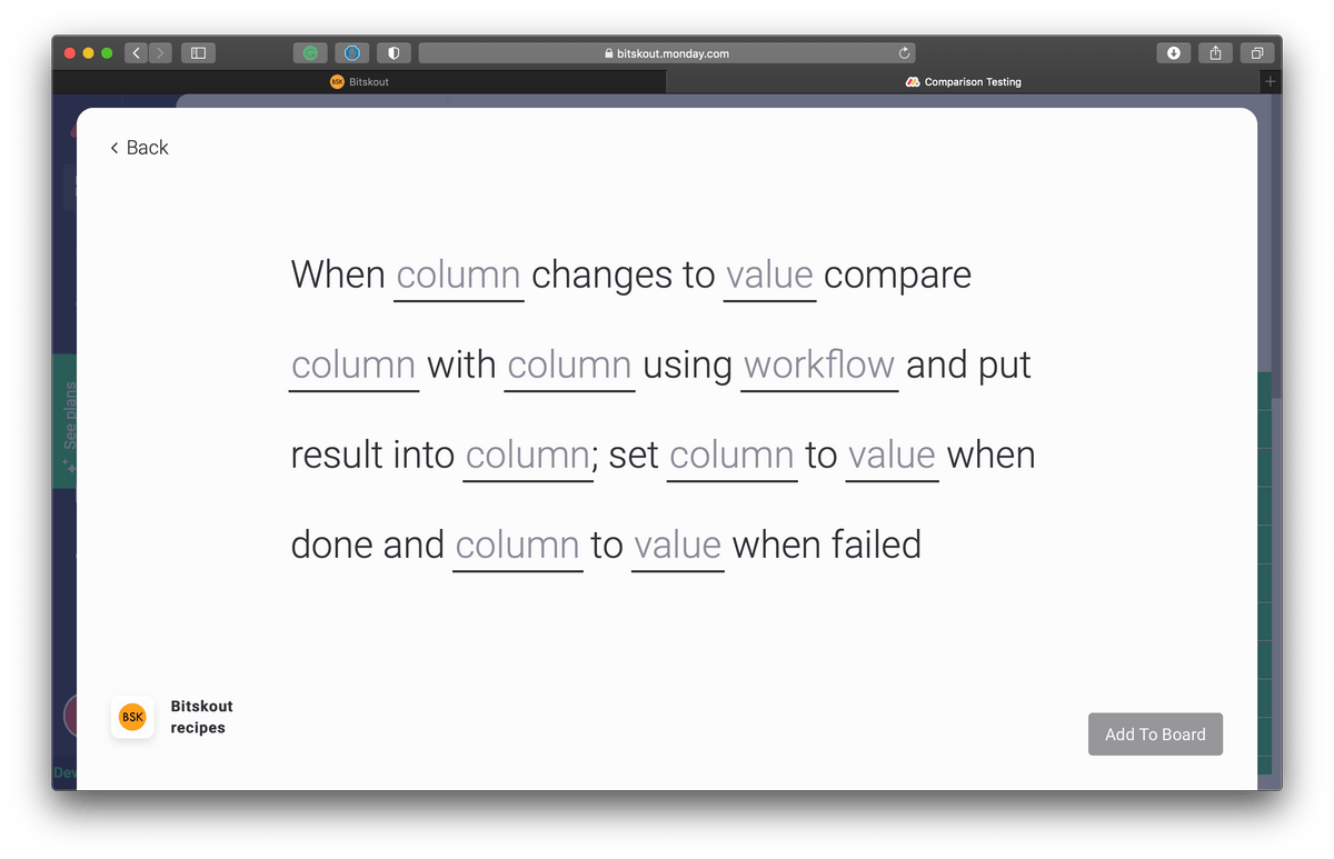 a recipe in monday.com to trigger the comparison between documents using Bitskout no-code A.I. model a recipe in monday.com to trigger the comparison between documents using Bitskout no-code A.I. model