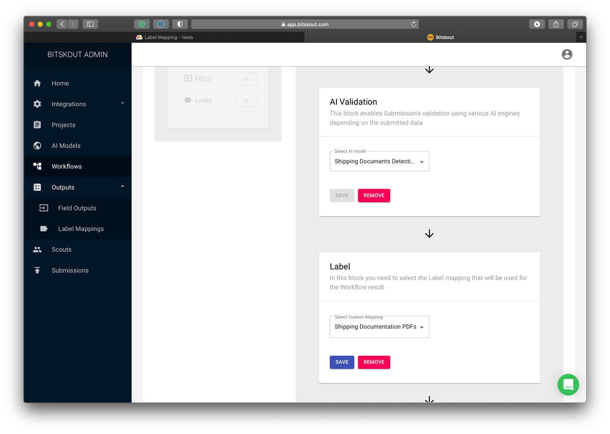 a screenshot of Bitskout Workflow configuration to use no-code A.I. model to detect documents a screenshot of Bitskout Workflow configuration to use no-code A.I. model to detect documents