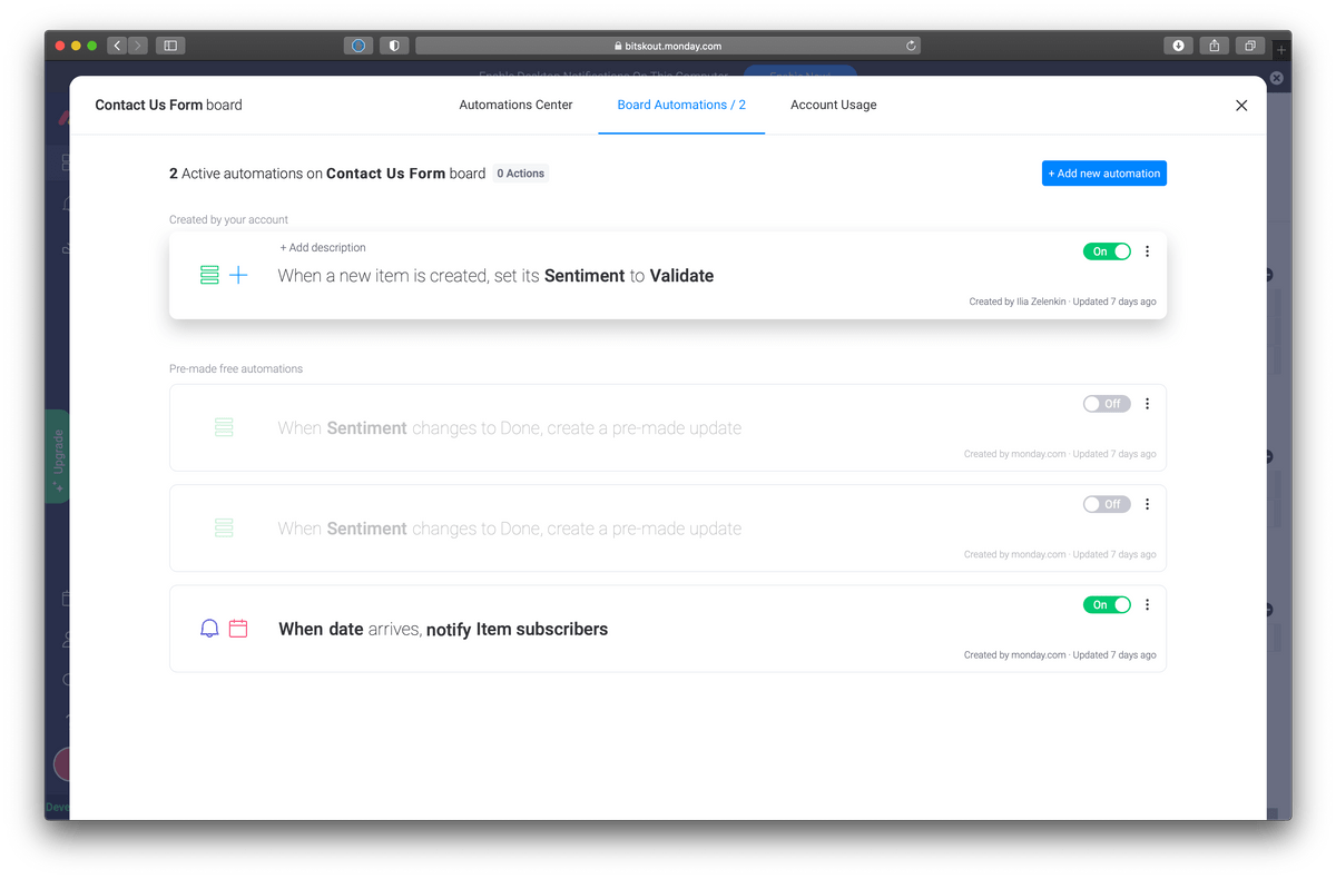 an extra monday.com automation to set Sentiment value to Validate so we can trigger Bitskout workflow an extra monday.com automation to set Sentiment value to Validate so we can trigger Bitskout workflow