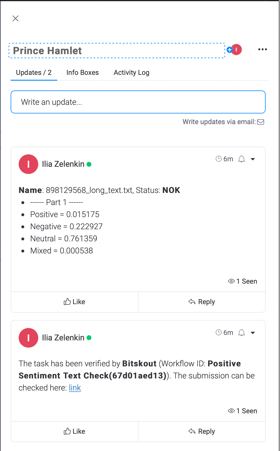 a monday.com task with Bitskout workflow results for text sentiment checks a monday.com task with Bitskout workflow results for text sentiment checks