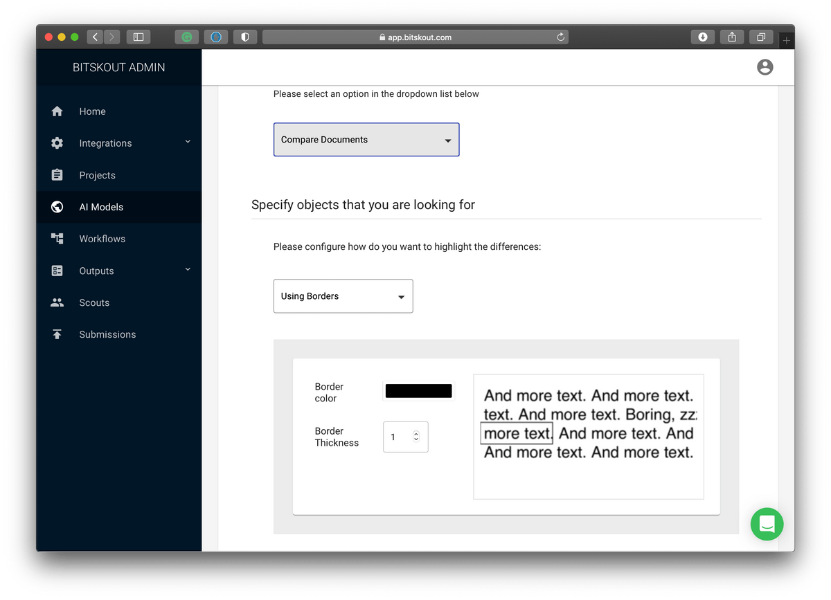 a screenshot of Bitskout no-code A.I. for monday.com with a view of highlight document differences. a screenshot of Bitskout no-code A.I. for monday.com with a view of highlight document differences.