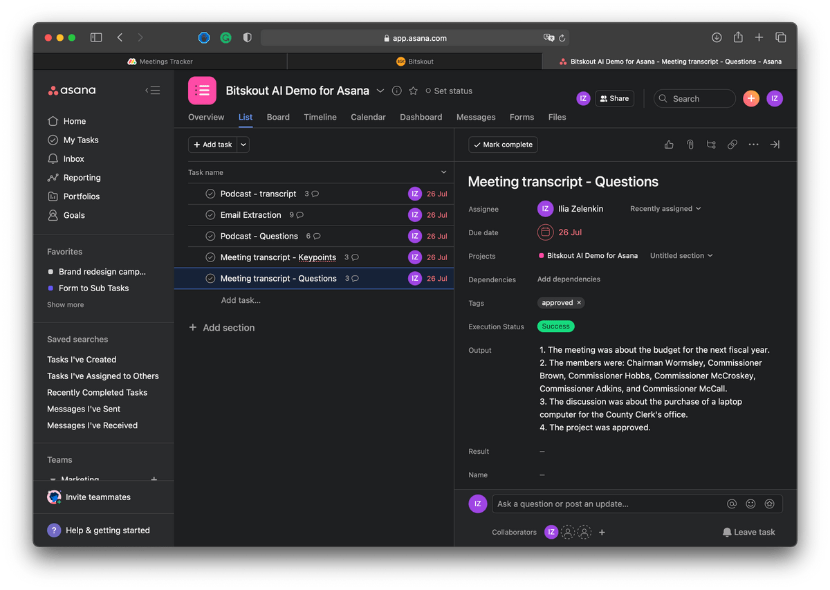 a screenshot of Asana task with automatically generated key point extraction with Bitskout A.I. a screenshot of Asana task with automatically generated key point extraction with Bitskout A.I.