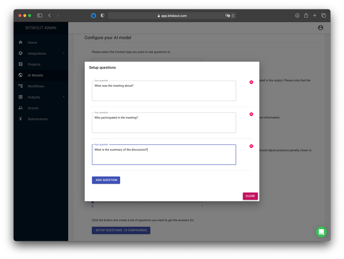 a screenshot of Bitskout A.I. model creation screen where a user can add preconfigured questions to which A.I. will provide answers a screenshot of Bitskout A.I. model creation screen where a user can add preconfigured questions to which A.I. will provide answers