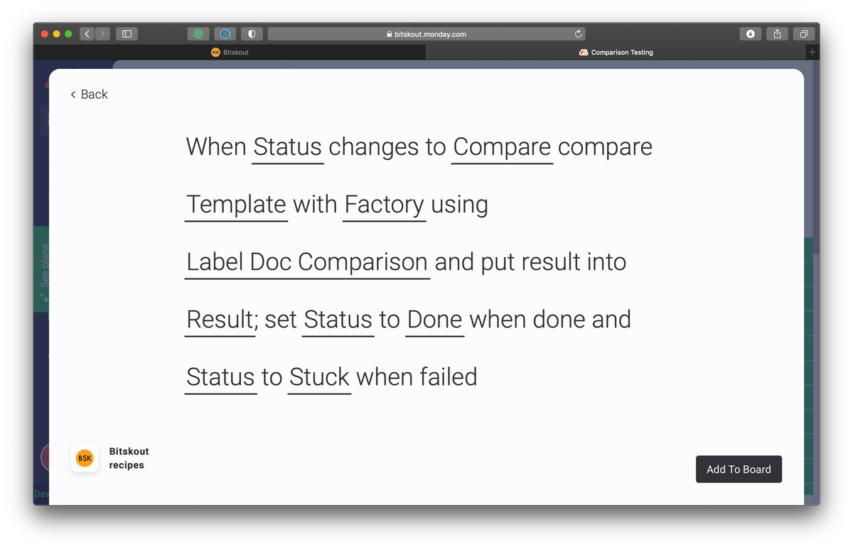 a recipe in monday.com to trigger the comparison between documents using Bitskout no-code A.I. model a recipe in monday.com to trigger the comparison between documents using Bitskout no-code A.I. model