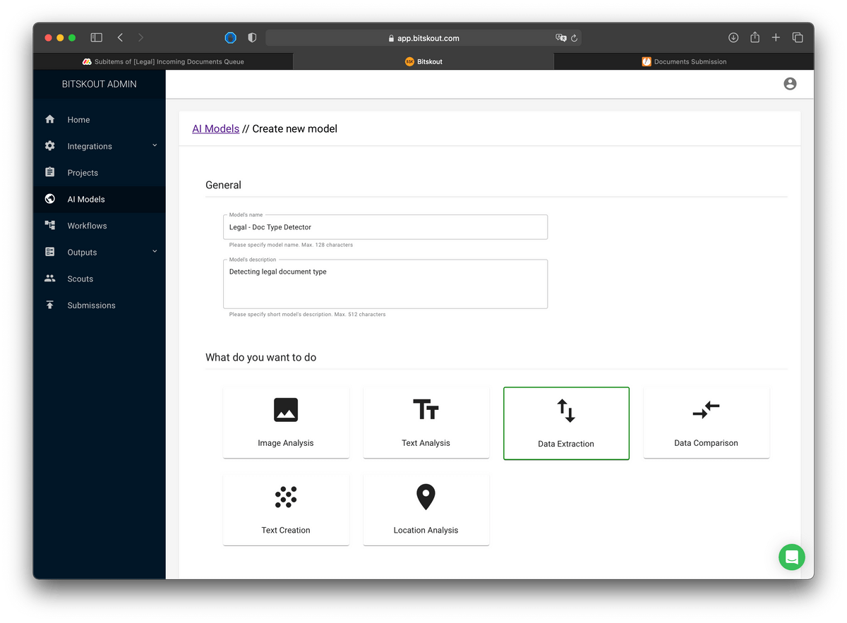 a screenshot of Bitskout A.I. model creation screen where a user can add example to generate custom keywords from text a screenshot of Bitskout A.I. model creation screen where a user can add example to generate custom keywords from text