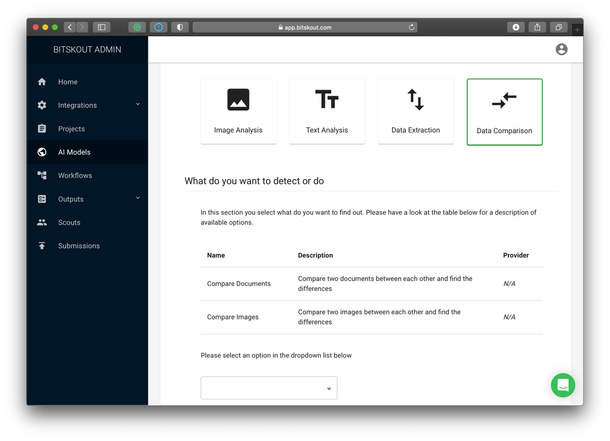 a screeshot of Bitskout UI with selection of data comparison A.I model a screeshot of Bitskout UI with selection of data comparison A.I model