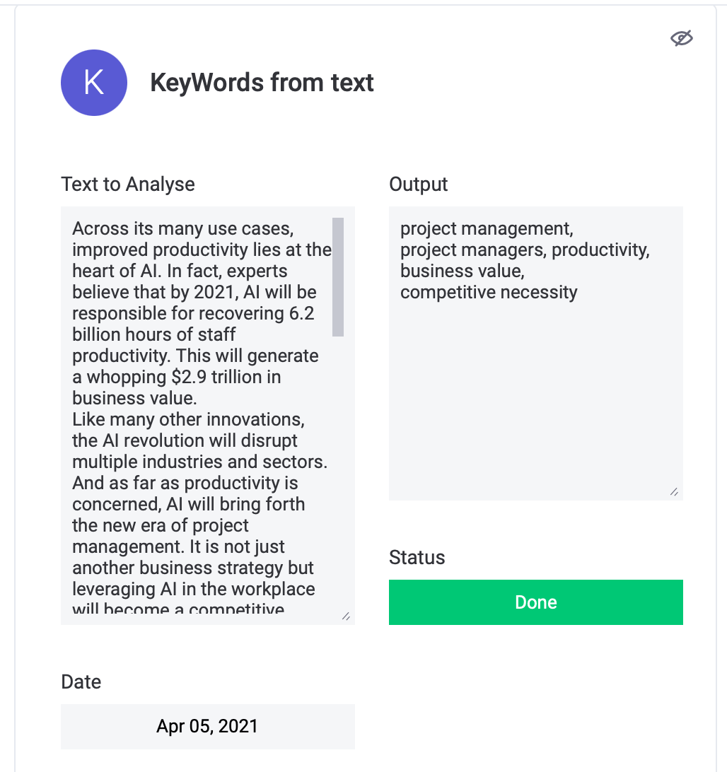 A screenshot of monday.com item where the generated via Bitskout no-code A.I. model keywords for a given text are shown A screenshot of monday.com item where the generated via Bitskout no-code A.I. model keywords for a given text are shown