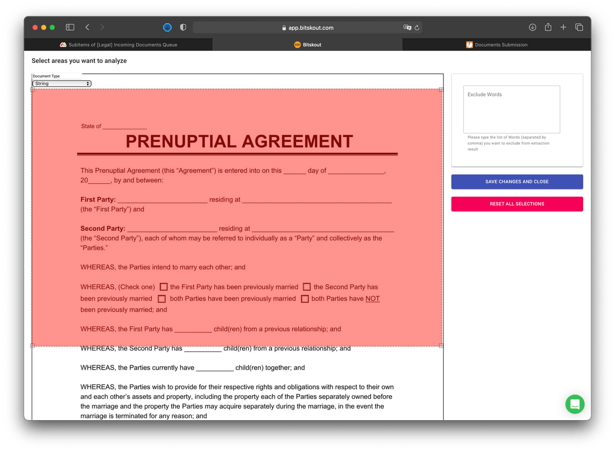 a screenshot with a legal prenuptial agreement with selected area that will be extracted via Bitskout no-code A.I. a screenshot with a legal prenuptial agreement with selected area that will be extracted via Bitskout no-code A.I.