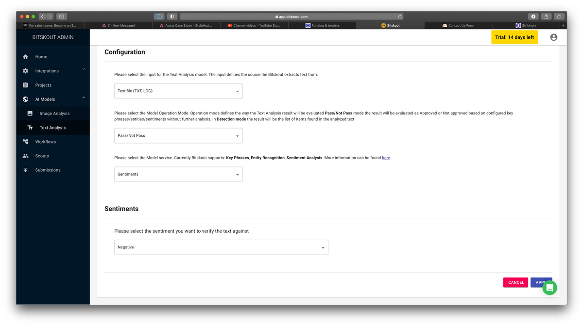 A screenshot of Bitskout Text Analysis model creation with selected Negative Sentiment check A screenshot of Bitskout Text Analysis model creation with selected Negative Sentiment check