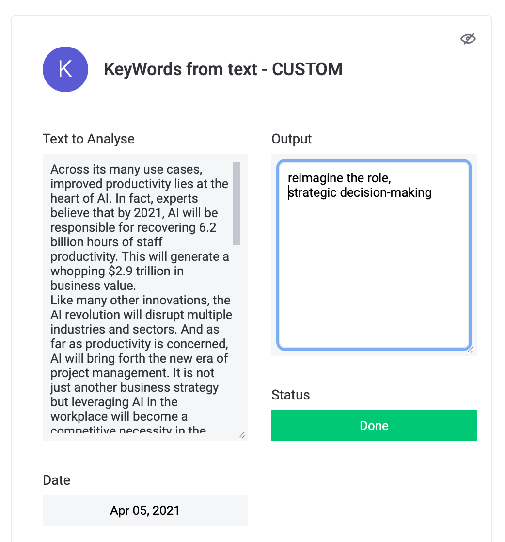 A screenshot of monday.com item with a custom set of keywords generated by Bitskout no-code A.I. model A screenshot of monday.com item with a custom set of keywords generated by Bitskout no-code A.I. model