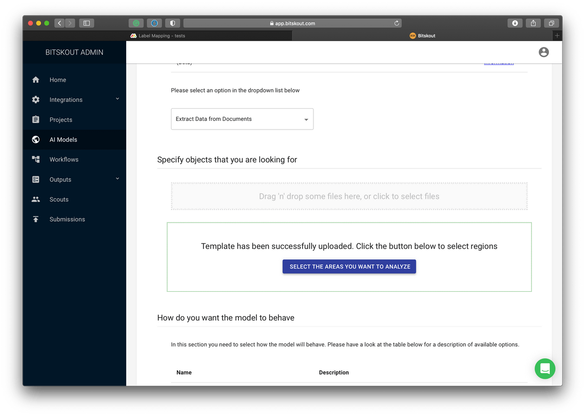 A view of Bitskout screenshot where we create an A.I. model for data extraction to detect our shipping document type A view of Bitskout screenshot where we create an A.I. model for data extraction to detect our shipping document type
